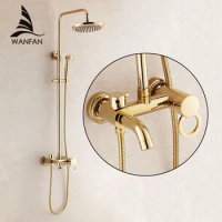 Shower Faucets Gold Brass Bathroom Shower Mixer Tap Faucet Set Rain Shower Head Round Wall Mounted Bathtub Faucet HJ-1065K-B