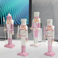 30CM Wooden Nutcracker Solider Figurine Puppet Pink Glitter Soldier Doll Toy Handcraft Ornament Christmas Home Office Decoration