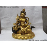Tibetan Bronze Copper 24K Gold Vaishravana Ride Lion God of Wealth Buddha Statue