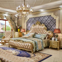 European Style Bed Double Leather Big Bed European Style Villa Luxury Wood Carved Champagne Bedroom Leather Art Wedding Bed