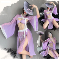 Chinese Costume Cosplay Uniform Lace Cutout Skirt Hanfu Sexy Lingerie Woman Classical Nightdress See Through Mesh Sex Nightgowns