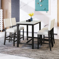 5 Piece Rustic Wooden Counter Height Dining Table Set with 4 Upholstered Chairs for Small Places, Faux Marble Top+Black Body