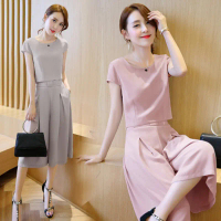2022 Korean Version Wide-Leg Pants Long Pants Short-Sleeve T-Shirt Set for Women Summer Two-Piece Se