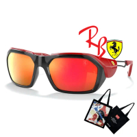 【RayBan 雷朋】限量法拉利聯名款 包覆設計太陽眼鏡 RB4367M F6016Q 黑紅框水銀鏡片 公司貨