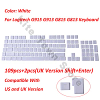 A full set G915 109pcs + 2pcs Key Caps for Logitech G813 G913 G815 G915 Wireless Keyboard US / UK Version White Color