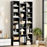 Bookcase with Storage Cabinets, 8 Tier Bookshelf, Black Bookshelf with Adjustable Shelves, Tall Narrow Bookshelf
