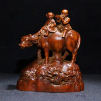 5"Tibetan Temple Collection Old Boxwood Shepherd Cow Bull statue Golden boy and jade girl Lucky Bull Office Ornaments Town House