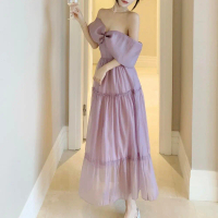 B006  เดรสยาวสีชมพูหวาน แต่งไฮโซโบว์ใหญ่ตรงอก