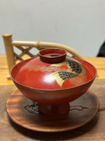 日本中古回流明治老漆器實木胎金蒔繪螺鈿目鯉魚大漆蓋碗 時代物