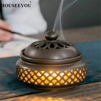 Meditation Yoga Prayer Coil Incense Holder with LED Lighting Porcelain Incense Burner Base Aroma Smoke Censer Incense Burners