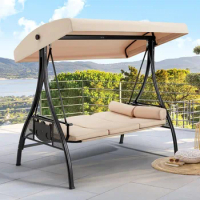 Patio Swing with Adjustable Canopy and Backrest, Patio Swing Chairs with Weather Resistant Steel Frame, Comfortable Cushions