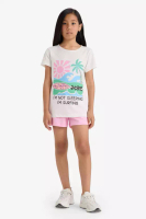 DeFacto Girls Pajamas Set Printed Short Sleeve Top Elastic Waist Shorts E0665A825Hs