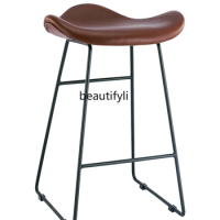 yj Nordic Light Luxury Bar Stool Bar Stool Leather Art Bar Chair Creative Metal Simplicity Modern and Unique Home High Stool