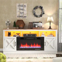 Farmhouse Fireplace TV Stand for 70/75/80 Inch TV, 32”Tall Entertainment Center w/ 36”Electric Fireplace &amp; LED Light, White