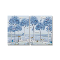 【24mama 掛畫】二聯式 油畫布 風景 樹木 雲 動物 角 鳥 蝴蝶 鹿 無框畫-30x40cm(藍色森林)