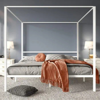 King Size Canopy Bed Frame, Built-in Headboard Strong Metal Slat Mattress Support, Metal Four Poster Canopy Bed Frame