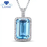 LANMI Amazing Emerald Cut 8x12mm Blue Topaz 14Kt White Gold Purity Beauty Pendant Necklace Lovely Gemstone Jewelry for Girl