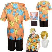 Anime Egghead Island Cosplay Sanji Costume Wig Shirt Pants Boys Men Adult Halloween Carnival Roleplay Suit