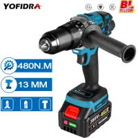 Yofidra 18V 13mm 480N.M 20+3 Torque Brushless Electric Impact Drill 3 in 1 Cordless Electric Screwdriver for Makita 18V Battery