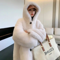 Tuscany hooded fur one piece lamb fur coat for women's wool cut down coat medium length 2023 winter