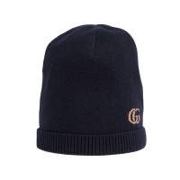 【GUCCI 古馳】676108 經典羊绒雙G LOGO羅紋帽沿毛帽(深藍色M號)