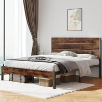 Rustic Bed Frame with Headboard and Footboard, with Under Bed Storage, All-Metal Support System, Easy Assembly,Queen Bed Frame