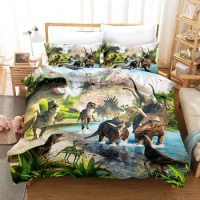 Jurassic Age Dinosaur Bedding Set for Kids, Duvet Cover, Pillow Shams, Microfiber Fabric, Boys Bedroom Decoration, T-Rex Raptors