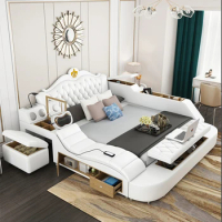 European Leather Modern Double Bed Frame Storage King Size Multifunctional Smart Bed Comferter White Camas Furniture Home