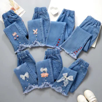 2024 Kids Baby Girls Casual Clothes Jeans Bow Trousers Cowboy Pants Summer Denim Flared Jeans Children's Pants 4-10 Yrs Clothing