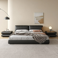 意式極簡大黑牛床輕奢現代豆腐塊床高端大氣黑色床儲物軟包床