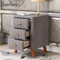 GERICCO Nightstand with 3 Drawers Luxury Velvet Wooden Bedside Table Nordic Night Stand Bed Side Table Storage Bedroom Furniture