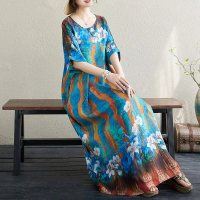 Gaun Bunga Bersaiz Besar untuk Wanita, Gaun Musim Panas, Lengan Pendek, Gaun Panjang, Kedai Diskaun 