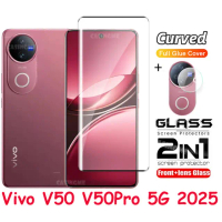 Pelindung Skrin 2 Dalam 1, Untuk Vivo V50, V50Pro, 5G, 2025, Filem, Penuh Penutup, Kaca Bajaan, Sapu