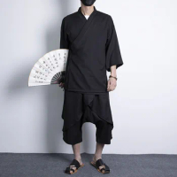 Men Cardigan Blouse Two-Piece Suit Oversize M-5XL Japanese Haori Asian Clothes Samurai Clothes Fashion Kimono and Pants Set