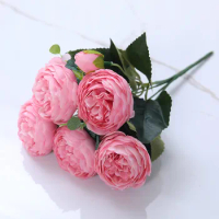 30cm Rose Pink Silk Peony Artificial Flowers Bouquet 5 Big Head And 4 Bud Cheap Fake Flowers For Home Wedding Decoration Garden