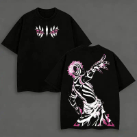 เสื้อยืดผู้ชาย 1 ตัว ผลิตจากผ้าฝ้าย 100% พร้อมลายพิมพ์ Akaza สีชมพูนีออนและขาว สไตล์อนิเมะญี่ปุ่น เส