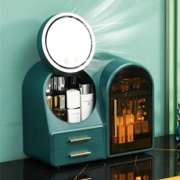 Skin care cosmetic storage box with fan mirror Led lamp USB charging case desktop lipstick jewelry makeup cabinet dressing table