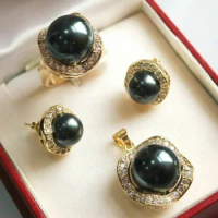 Pearl /Green Jade Gems 18K Gold GP Pendant Necklace Ring Earrings Set AAA