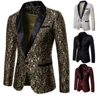 Men Blazer Floral Jacquard Blazer for Men Single Button Pockets Lapel Wedding Suit Coat African Fashion Slim Fit Blazer Outwear