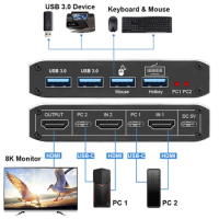 Navceker 8K KVM Switch HDMI-compatible 2K 144Hz 2 Port HDMI KVM Switcher Box USB for 2 PC Share 1 Monitor Keyboard Mouse Printer