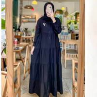 gamis susun rayon kancing busui Katun Polos Hitam Airflow Crinkle Dress  Muslim  Wanita  Tebal Katun