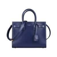 【YSL】YSL SAINT LAURENT SAC DE JOUR燙金LOGO牛皮開口式手風琴手提斜背包(炭藍)