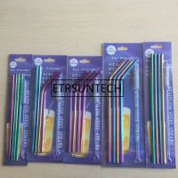 4Pcs/Set Rainbow 304 Stainless Steel Metal Straw Eco-Friendly Reusable Drinking Straws Set With Cleaner Brush Bar Accessories