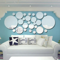 26Pieces Mirror Wall Sticker Detachable Acrylic Decorative Mirror Round Decal for TV Background Wall Home Living Room Decoration