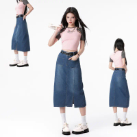 OOTD Denim Girl Rok denim wanita, pinggang tinggi, ramping, modis, belahan depan rok panjang sedang,