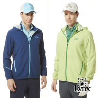 【Lynx Golf】男款防潑水四面彈性壓光印反光出芽繩造型拉鍊口袋連帽可拆式長袖外套(二色)