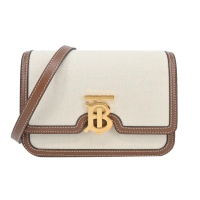 【BURBERRY 巴寶莉】TB Logo 帆布及牛皮拼色小號斜背包(麥芽棕色)