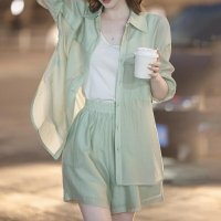 【巴黎精品】長袖套裝兩件式褲裝-寬鬆襯衫天絲短褲女裝a1gp8