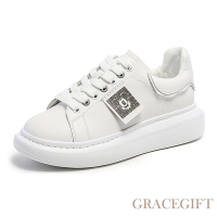 【Grace Gift】迪士尼米奇款造型皮標厚底小白鞋 白