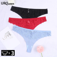 3 Pieces Women's Lace Thongs Panties Plain Color Ice Silk Seamless Female Underwear Low Rise G String Thongs Sexy Lingerie Tanga